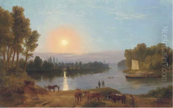 An Extensive River Landscape, 
With Figures And Cattle In Theforeground, Possibly On The River Thames 
Looking From Petershammeadows Towards Richmond Bridge Oil Painting by Ramsay Richard Reinagle