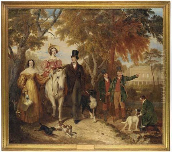 Group Portrait Of Edward Vernon,
 4th Baron Suffield, His Wife,charlotte Susannah, Lady Suffield, Seated 
On A White Pony, And Hissister, Georgiana Mary, With Game Keepers And 
Dogs, Gunton Parkbeyond Oil Painting by Ramsay Richard Reinagle