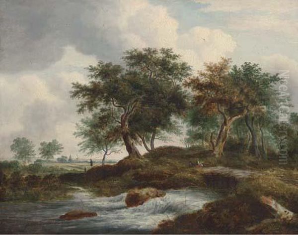 Figures Resting By A River In A Dutch Landscape Oil Painting by Ramsay Richard Reinagle
