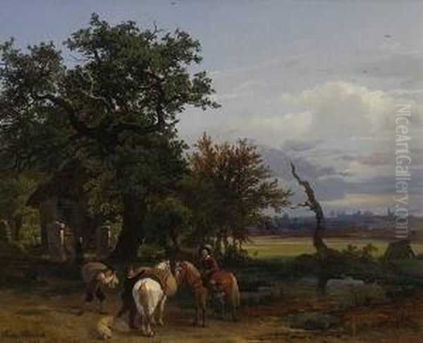 Landschaft Mit Reiter Und
 Knechten, Die Ein Pferd Bepacken. Oil Painting by Franz Reinhold