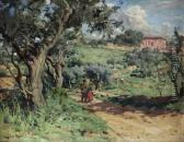 Paisagem Com Quinta E Figuras Num Caminho Oil Painting by Carlos Reis