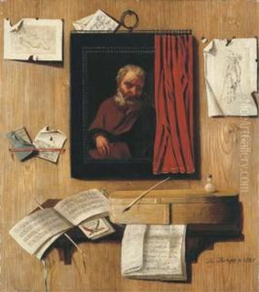 A Trompe-l'oeil With A Partially
 Covered Painting Of An Apostle,prints And Letters On A Wall, And 
Manuscripts, An Inkwell, Quillpen And Other Objects On A Shelf Oil Painting by Andrea Domenico Remps
