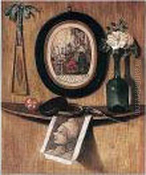 Trompe L'oeil Of Prints, A Fan, A
 Rose In A Wine Bottle, A Knife, A Pot And A Ball On A Ledge On A Wooden
 Wall Oil Painting by Andrea Domenico Remps