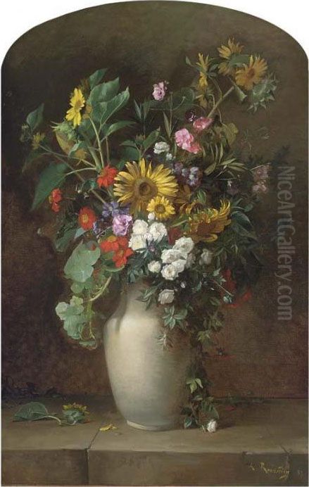 Sunflowers, Roses, And Other Summer Blooms In A Vase On A Stone Ledge Oil Painting by Alfred Renaudin