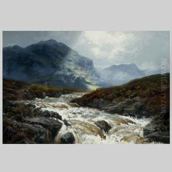 M. Rennie.british . Mountain 
River Landscape. Oil On Board. 14 1/2x 20 Inches. Signed Lower Left: G. 
M. Rennie Oil Painting by George Melvin Rennie