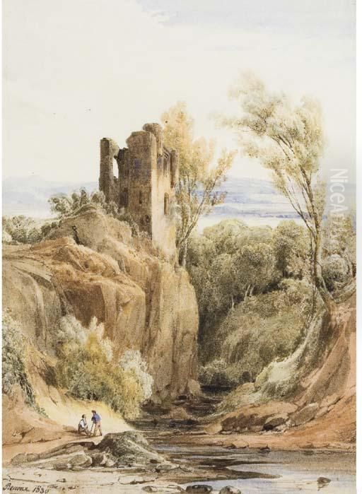 Deux Personnages Discutant Dans Un Paysage Avec Ruines Et Cours D'eau Oil Painting by Charles Renoux