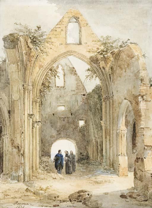 Trois Hommes Dans Une Eglise En Ruines Oil Painting by Charles Renoux