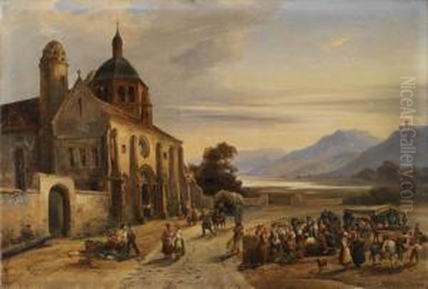 Le Deballage Du Marche Devant L'eglise Oil Painting by Charles Renoux