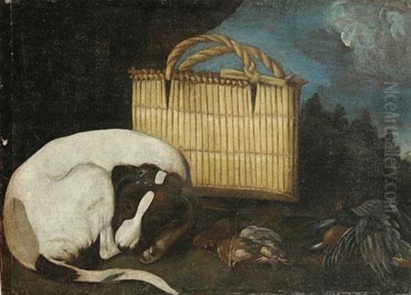 Natura Morta
Con Uccelli, Cane E Cesta Oil Painting by Arcangelo Resani
