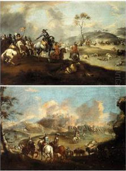 A General Inspecting His Troops After A Battle;
 Cavaliers Before A Town Under Siege Oil Painting by Pandolfo Reschi