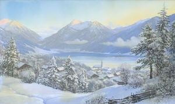 Blick Auf Den Winterlichen
 Schliersee. Oil Painting by Rudolf Reschreiter