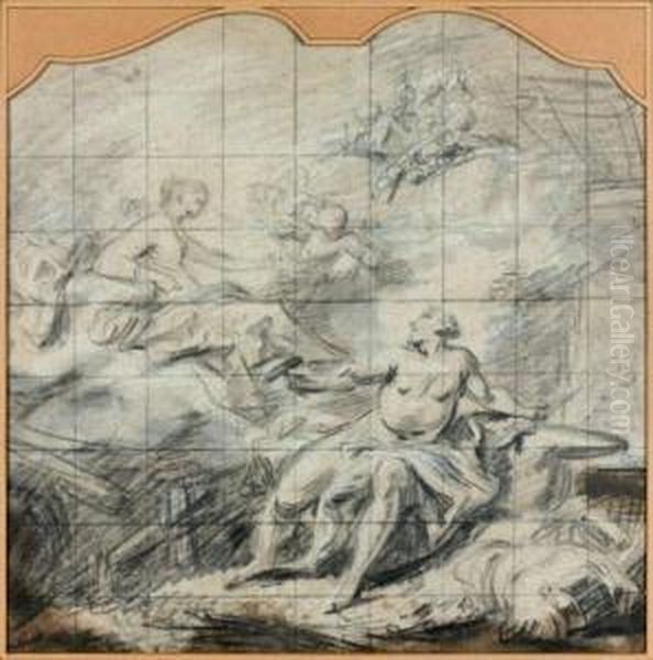 Venus Rend Visite A Vulcain Dans Sa Forge
 Crayon Noir Et Craie Blanche Sur Papier Beige, Mis Au Carreau Oil Painting by Jean II Restout