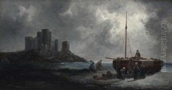 Heimkehrende Fischer Am
 Strand. Oil Painting by Felice A. Rezia