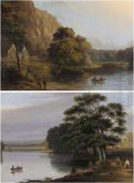 A River Landscape With Bathers 
And A Rowing Boat; A River Landscape With A Rowing Boat And A Rocky 
Outcrop Beyond Oil Painting by Joseph Rhodes