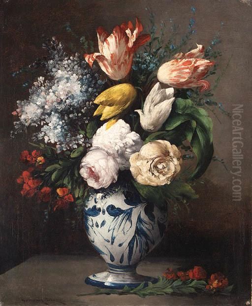 Vase Of Flowers Oil Painting by Germain Theodure Clement Ribot