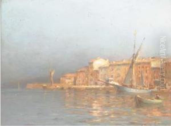 Fishing Craft And Other Vessels In A Mediterranean Harbour Oil Painting by Georges Ricard-Cordingley