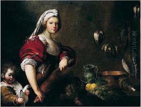 A Maidservant With A Boy In A 
Larder, A Still Life Of Artichokes, Lemons And Other Kitchen Equipment 
On A Table Beside Them Oil Painting by Pietro della Vecchia