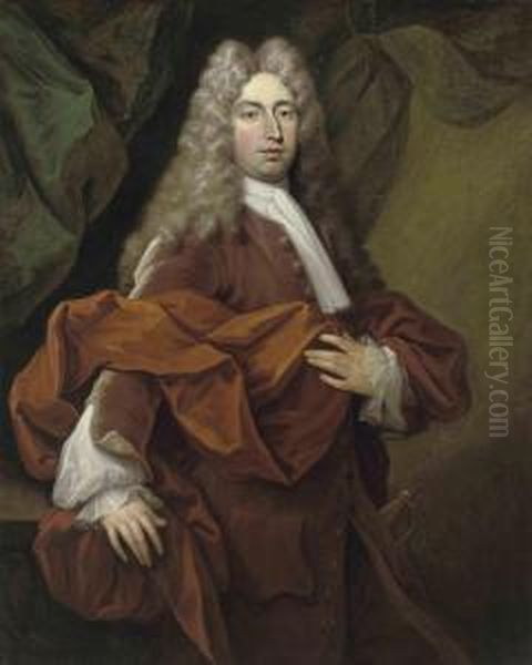 Portrait Of A Gentleman, 
Three-quarter-length, In A Red Coat Andorange Wrap, His Right Hand 
Resting On A Ledge Oil Painting by Jonathan Richardson