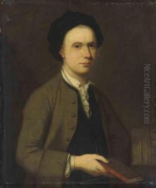 Portrait Of A Gentleman, 
Half-length, Wearing A Brown Coat Andholding A Copy Of 'spectator' Oil Painting by Jonathan Richardson