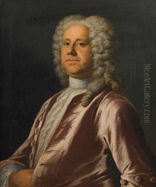 Portrait Of A Gentleman, Half-length, In Acrimson Coat With A White Chemise Oil Painting by Jonathan Richardson