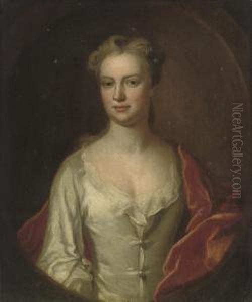 Portrait Of A Lady, Half-length,
 In An Oyster Satin Dress With Ared Velvet Wrap, Feigned Oval Oil Painting by Jonathan Richardson