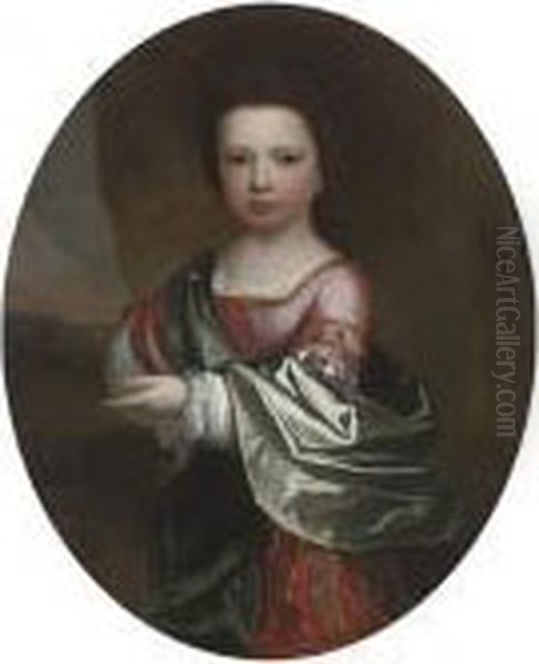 Portrait Of A Young Child, 
Three-quarter-length, In Classical Dress, A Groom With A Horse And A 
Castle In A Landscape Beyond Oil Painting by Jonathan Richardson