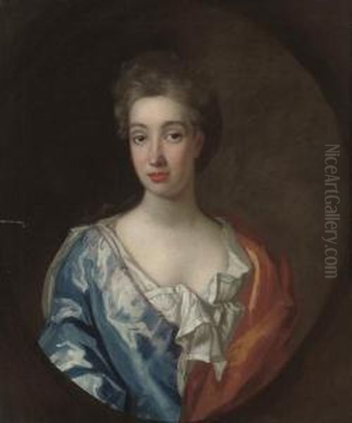Portrait Of A Lady, Half-length,
 In A Blue Dress And White Chemise, With An Orange Wrap, In A Feigned 
Oval Oil Painting by Jonathan Richardson