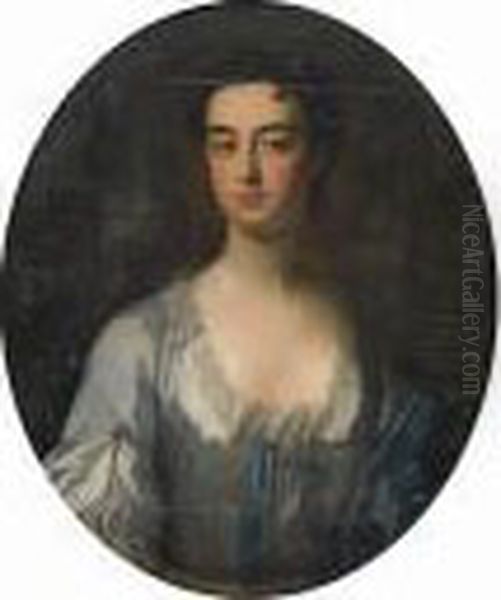 Portrait Of A Lady, Said To Be 
Mrs Holman, Bust-length, In A White Silk Dress And Blue Cloak Oil Painting by Jonathan Richardson