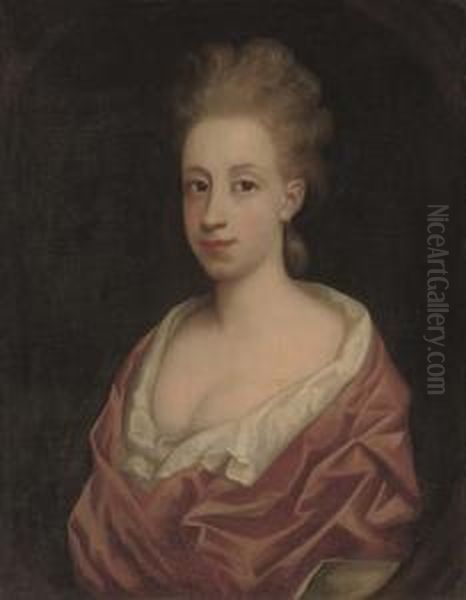 Portrait Of A Lady, Bust-length, In A White Dress And Pink Wrap, In A Feigned Oval Oil Painting by Jonathan Richardson