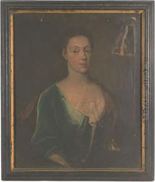 Portrait Of A Lady, Presumably A
 Member Of The Mostyn Or The Lloyd Family, Bust-length, In A Blue Dress 
With Pink Wrap, Feigned Oval Oil Painting by Jonathan Richardson