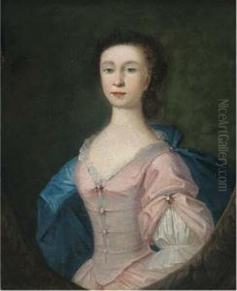 Portrait Of Alice Bill, Half-length, In A Pink Dress And Blue Wrap,in A Feigned Oval Oil Painting by Jonathan Richardson