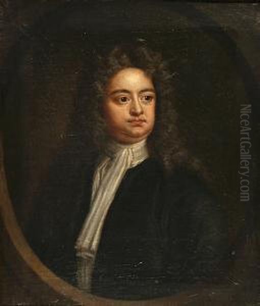 A Portrait Of Sir Richard Steele, Bust Length Within A Painted Oval Oil Painting by Jonathan Richardson