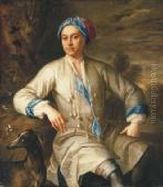 Portrait Of A Gentleman, 
Traditionally Identified As The Poet Johngay, Seated, With A Dog, In A 
Landscape Oil Painting by Jonathan Richardson