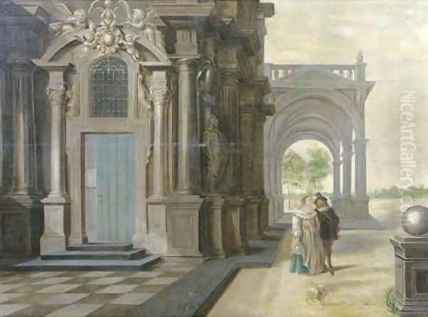 A fantastical palace with an elegant couple walking in front of a portico Oil Painting by Dirck Van Delen