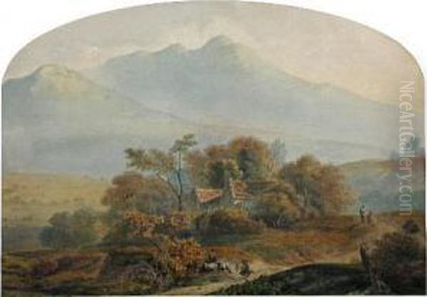 Walkers On A Track By A 
Farmhouse Before Ben Nevis Watercolour 30 X43cm Provenance: Private 
Collection Oil Painting by Thomas Miles Richardson