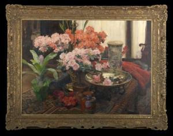 Still Life With Azaleas, 
Roses, 
Cyclamens, 
Bromeliad And Chinese Porcelain Group On A Draped Table Oil Painting by Herman Richir
