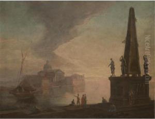 A Capriccio View Of The Venetian
 Lagoon With San Giorgio Maggiore Seen From The Bacino Di San Marco, 
Figures In Oriental Dress Standing On A Quay Beside An Obelisk Adorned 
With Statues Oil Painting by Giovanni Richter