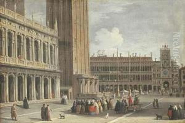 Venice: The Piazza San Marco 
Looking North From The Piazzetta Towards The Torre Del'orologio Oil Painting by Giovanni Richter