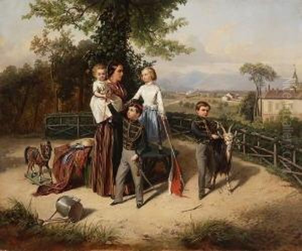 Junge Frau Mit Vier
 Kindern Oil Painting by Wilhelm Richter