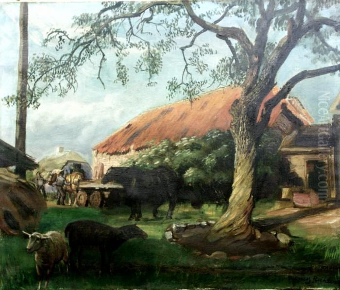 Boerenerf Aan De Grindweg Te Hillegersberg. Gesigneerd Oil Painting by Marius J. Richters
