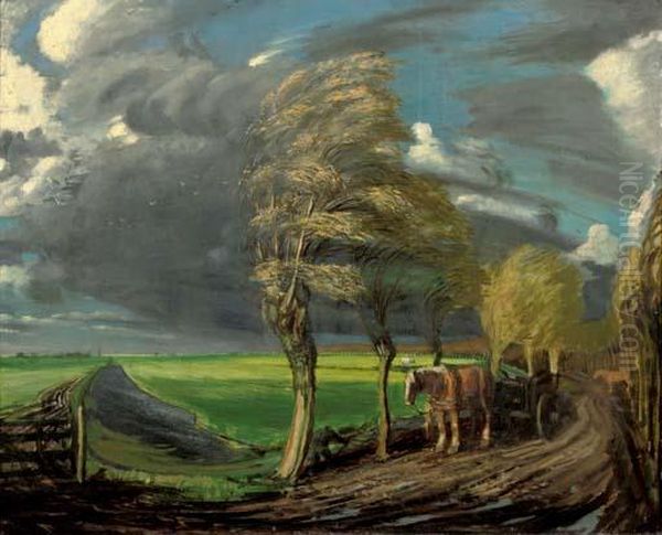 Dutch Landscape In Stormy Weather Oil Painting by Marius J. Richters