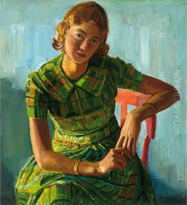 Jetske Met Geruite Jurk Oil Painting by Marius J. Richters