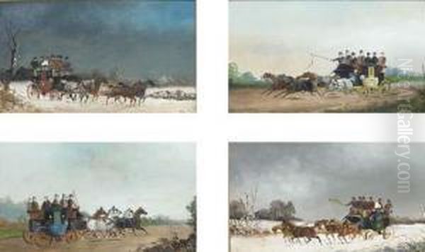 A Set Of Four Winter And Summer 
Coaching Scenes; And A Set Of Fourracing And Coaching Scenes Oil Painting by Philip H. Rideout