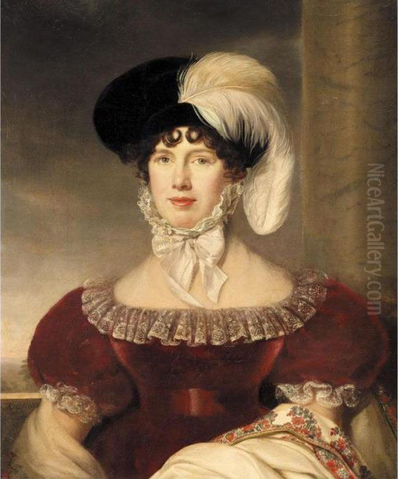 Portrait Of A Lady, Half-length,
 Wearing A Red Velvet Dress And A Black Hat With A White Plume Oil Painting by Henri-Francois Riesener