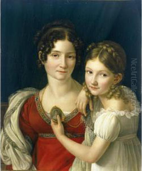 Portrait Of A Mothe, And Her Daughter Holding A Portrait Miniature In Her Left Hand Oil Painting by Henri-Francois Riesener
