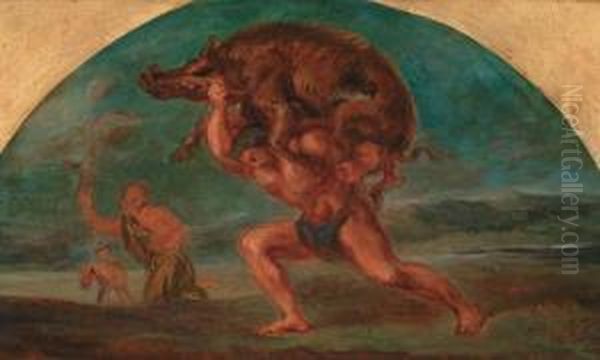 Hercule Et Le Sanglier D'erymanthe Oil Painting by Leon Louis Antoine Riesener