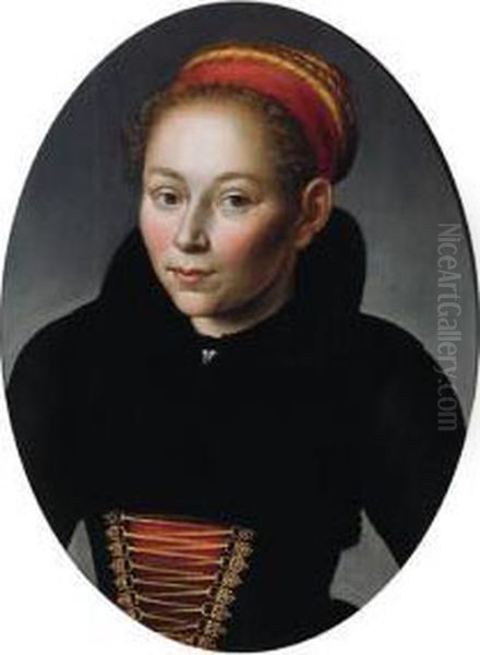 Portrait Of A Woman, Half 
Length, Wearing A Provincial Costume Anda Red Ribbon In Her Hair - A 
Fragment Oil Painting by Jan Claes Rietschoof
