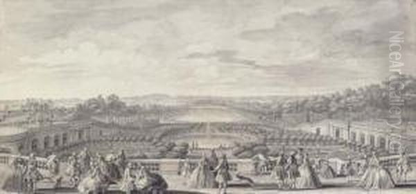 Vue De L'orangerie De 
Versailles, Prise De La Balustrade Au Bord De La Terrasse Du Chateau Oil Painting by Jacques Rigaud