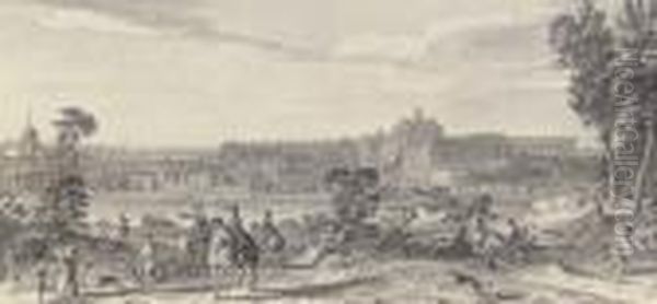 Vue Du Chateau Et D'une Partie 
De La Ville De Versailles Prise Du Cote De L'etang De Clagny Oil Painting by Jacques Rigaud