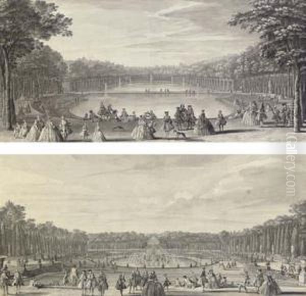 L'ile Royale Et Le Bassin Du 
Miroir; And Vue Du Bassin De Latone Prise Du Bord De La Terrasse Oil Painting by Jacques Rigaud